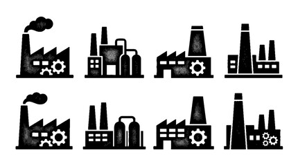 Obraz premium This vector illustration showcases a series of eight distinct halftone factories, symbolizing industrial architecture and the manufacturing industry.