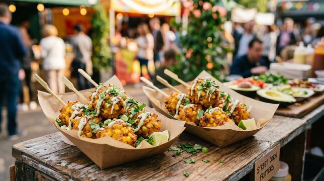 Golden fried corn fritters served on wooden skewers with lime