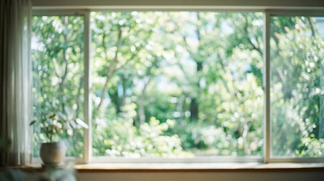 A small potted plant sits on a sunny wooden windowsill