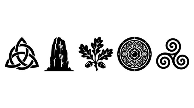Black Solid Celtic Symbol Icon Bundle Featuring Trinity Knot Spiral Tree Leaf and Ancient Heritage Icons