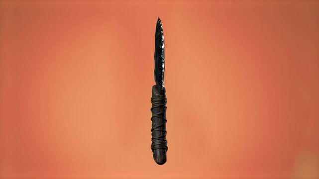 A 3D model of a knapped obsidian stone knife dagger standing upright against a warm coral red studio backdrop. Designed for museum exhibit promotions, prehistoric archaeology videos, ancient weapon sh