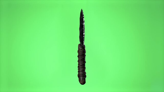 A detailed 3D model of a sharp obsidian stone dagger blade with wrapped handle standing vertically, isolated on a chroma key green screen background. Great for cinematic VFX compositing, historical re