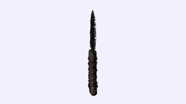 A primitive 3D animated dagger featuring a sharp, dark obsidian blade and a wrapped handle rotates slowly in place. This ancient tribal weapon is isolated on a clean white background.