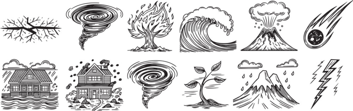 Natural disasters and environmental catastrophe vector icons set showing cracked earth tornado forest fire giant wave volcano eruption meteor strike flood storm cyclone plant growth.