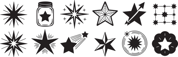 Decorative star shapes and celestial light elements including jar with star shooting star spark sparkles and celestial star grid patterns in black artistic style design vector. © Obiron