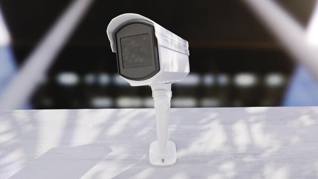 Front View of Modern White CCTV Security Camera Pointing Directly at the Camera.