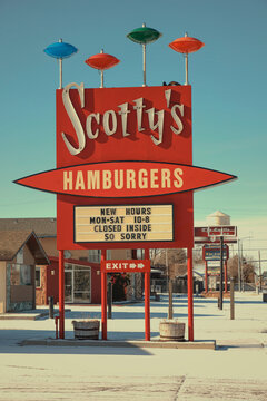 SCOTTSBLUFF, NEBRASKA - JANUARY 2, 2022: A retro hamburger sign