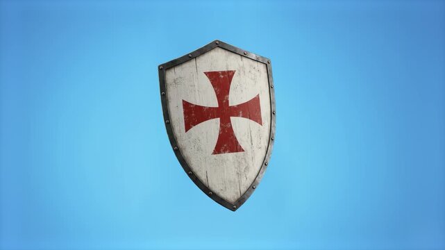 A 3D render of a wooden medieval shield featuring a bold red cross, suspended against a light blue studio background. Suitable for educational videos, history documentaries, game UI elements, and hera