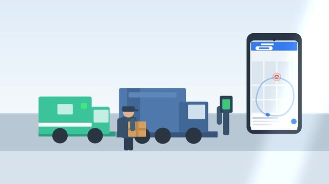 Electric delivery van parcel mail service with tracking smartphone map app, cargo shipping logistics