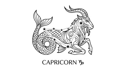 Capricorn zodiac sign line art with sea-goat and constellation © Mafaat