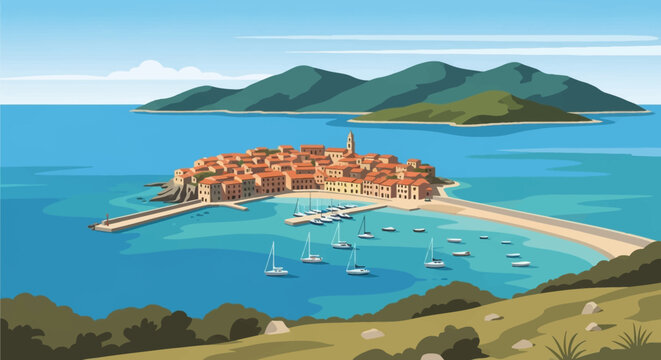Flat vector illustration of Portoferraio on Elba Island, Italy, featuring the historic town with terracotta roofs, a harbor with sailboats, turquoise sea, and background hills.