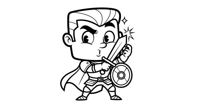 Cartoon warrior holding sword and shield illustration.