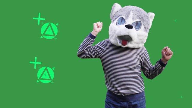 Person wearing a funny panda mascot head dances on a green screen with background tracking markers for seamless VFX compositing, animation, and custom environments. 15238