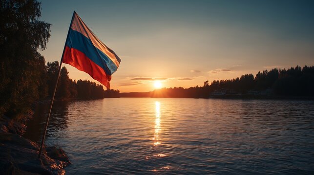 Russian national flag beside a calm river at sunset with golden reflections on the water, creating a tranquil atmosphere that symbolizes national pride and natural beauty.