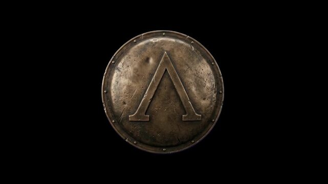A heavy bronze Spartan round shield with the Greek lambda symbol rotates slowly in a 3D animated loop. This ancient warrior armor is isolated on a solid black background.