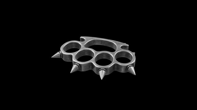High-contrast 3D model of heavy metallic brass knuckles equipped with sharp spikes, isolated against a solid pitch-black background. Ideal for street combat games, crime action trailers, self-defense 