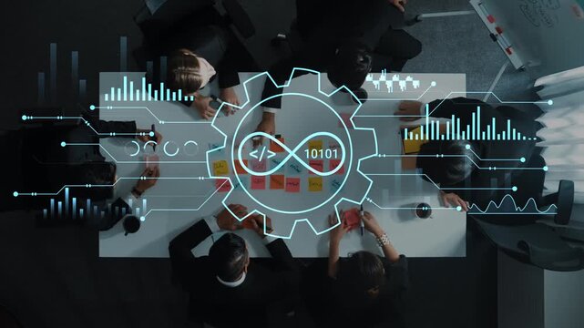Business Team Collaboration in Modern Office Setting with Data Visualization and Digital Technology Graphics for Project Management. Entropy.