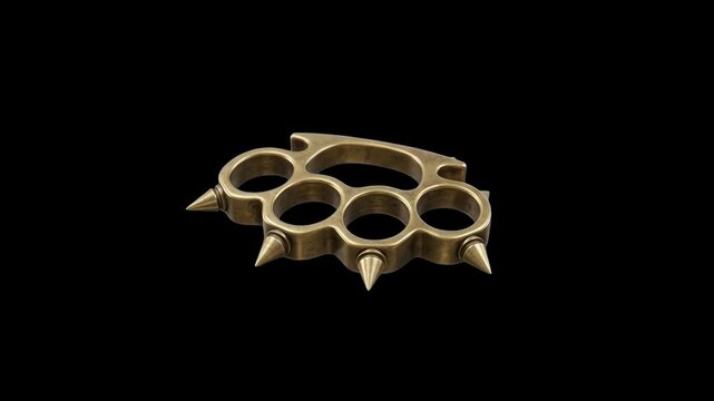 A detailed 3D render of a golden brass knuckle duster featuring sharp spikes over a dark black background. Ideal for action game assets, crime concepts, street fight themes, and dramatic VFX projects.