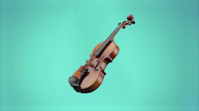 A detailed wooden violin rotates smoothly in a 3D animated loop. This classical string instrument is set against a solid teal studio backdrop.
