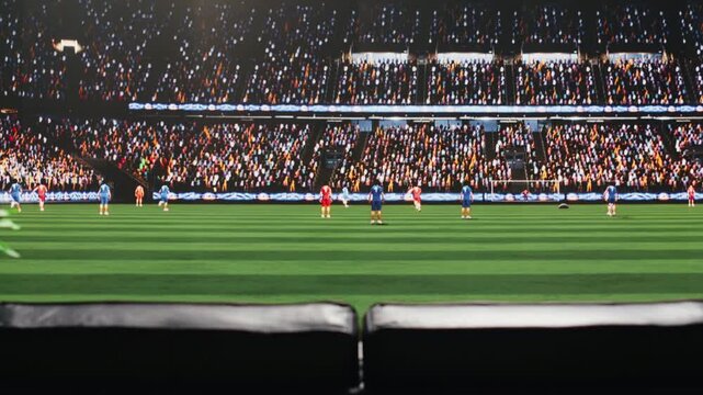 Football broadcast plays on television in a warm living room with sofa ready for shared viewing as the home setup suggests a high fidelity sports broadcast experience for immersive home viewing.