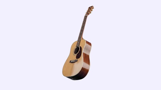 A classic wooden acoustic guitar rotates slowly in a 3D animated loop. This musical instrument asset is isolated on a clean white background.