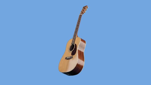 A realistic 3D render of a classical wooden acoustic guitar floating vertically over a light blue studio background. Excellent for music education videos, acoustic performance promotions, and sound de