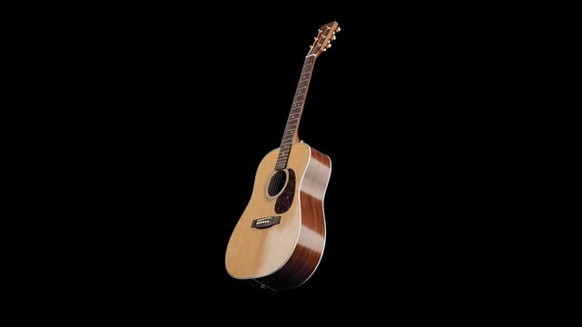 A classic wooden acoustic guitar rotates slowly in a 3D animated loop. This musical instrument asset is isolated on a solid black background.