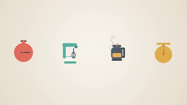 Set of four home appliance icons timer mixer electric kettle kitchen scale animated motion graphic loop