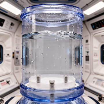 Close up of purified water inside life support system containment unit in spacecraft microgravity environment, future space technology macro liquid crystal container