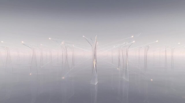 Glowing crystalline structures connected by thin luminous threads in a digital motion video animation featuring abstract ethereal geometric light patterns