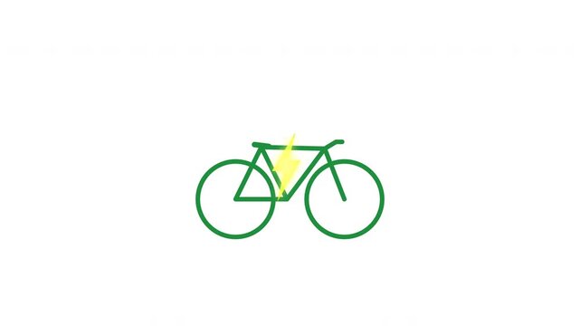 Isolated electric bike line silhouette icon with green outline and yellow flash energy bolt