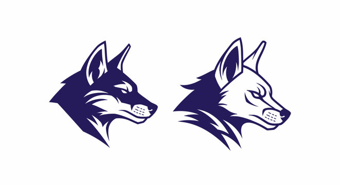 Two Blue Wolf Head Silhouettes Facing Opposite Directions.