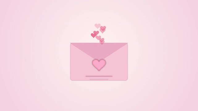 Animated pink envelope icon sending hearts, romantic greeting card, love letter, motion graphic