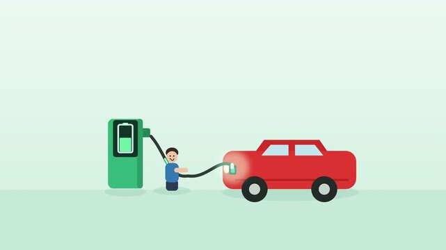Red electric SUV car charging at station with person, clean energy future, transport illustration
