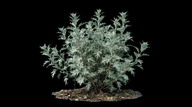 A detailed 3D rendering of a bushy wormwood plant with silvery-green foliage planted in a soil mound against a black background. Ideal for botanical guides, nature animations, and herbal medicine conc