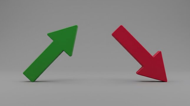 Green up arrow and red down arrow representing financial growth and loss on gray background