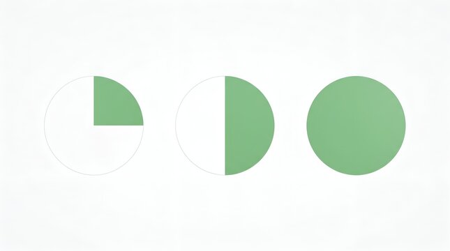 Three minimalist green pie charts showing quarter half and full phases on white background