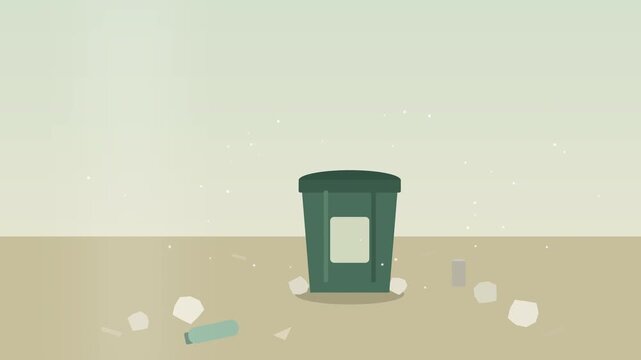 Litter scattered around green trash bin, dirty urban environment, environmental pollution, recycling symbol, waste management theme