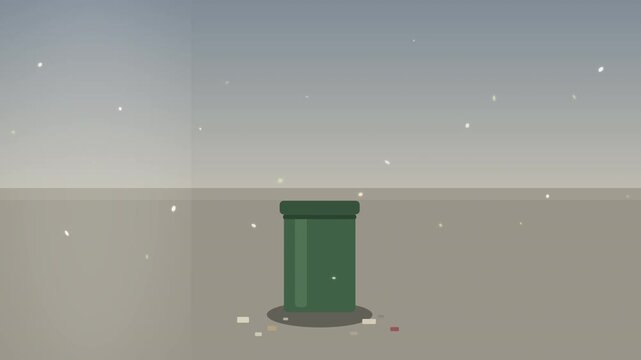 footage of garbage and litter scattered around a green street trash bin, urban pollution concept