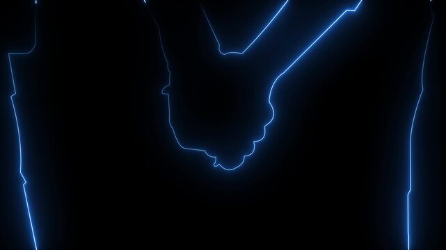 Cyan neon light animation of two clashing speech bubbles with a lightning bolt and two clenched fists facing each other on a black background representing conflict and debate