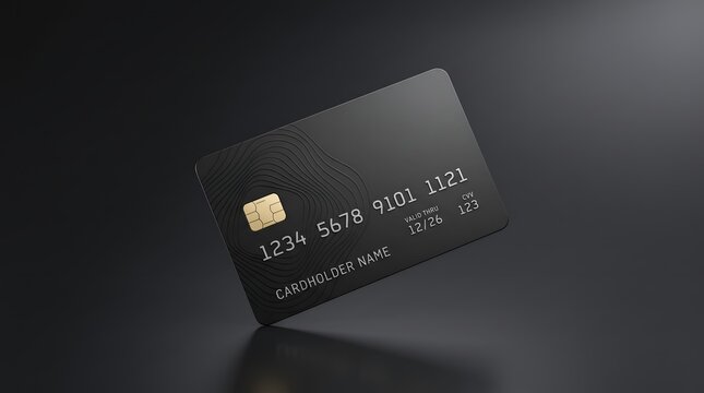Black credit card with abstract wavy texture lines and generic numbers floating against dark studio backdrop