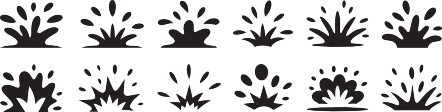 Collection of water splash vector shapes showing liquid drops ripples and fountains in different styles for motion graphics visual effects and natural fluid movement design elements.