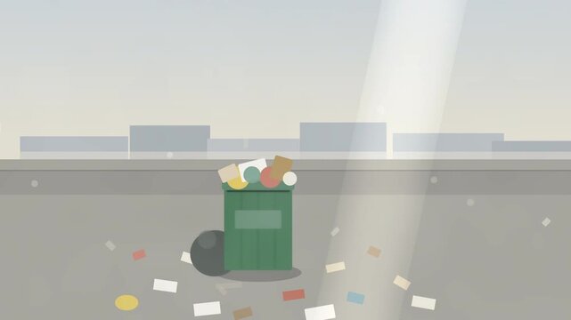 Overflowing trash can on street, litter scattered around, symbolizing pollution and neglect, urban environment decay