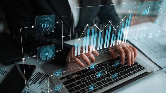 Data flow from database and cloud to processing and analytics dashboards, representing data analysis, automation, insight generation, and digital intelligence Marrow