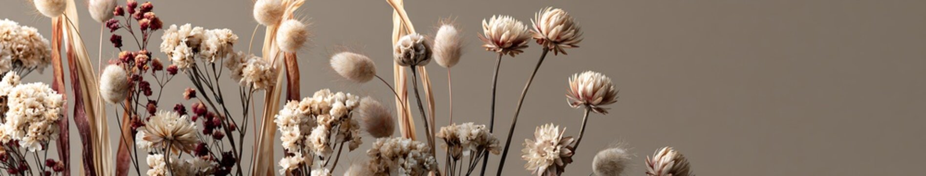 Autumn botanical banner of dried flowers and seed heads with warm neutral background and copy space