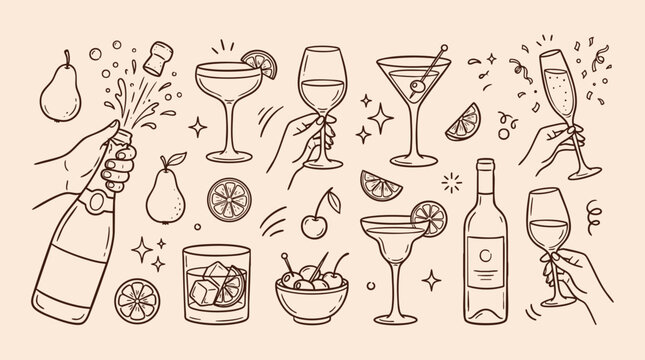 Celebration Drinks Hand Drawn Icon Set for Party Invitations
