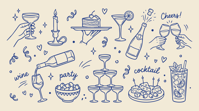 Elegant Cocktail Celebration Doodle Collection for Party Invitation Vector