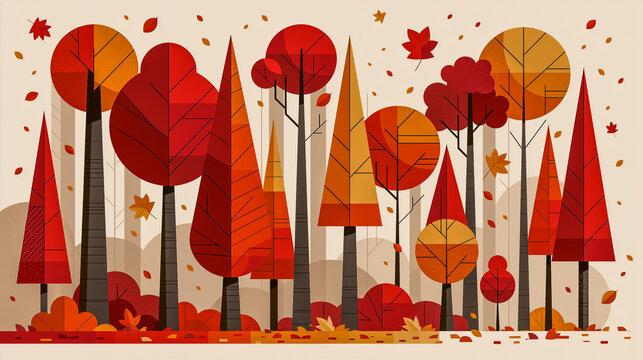 Autumn Forest Abstraction: A stylized depiction of an autumn forest with trees in warm shades of red, orange, and yellow, surrounded by falling leaves, rendered in a modern, graphic art style.