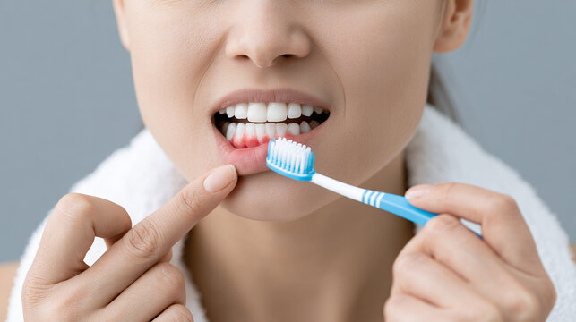 Young woman looking at her red bleeding gums
