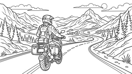 Obraz premium Motorcyclist riding on a winding road through a mountain landscape